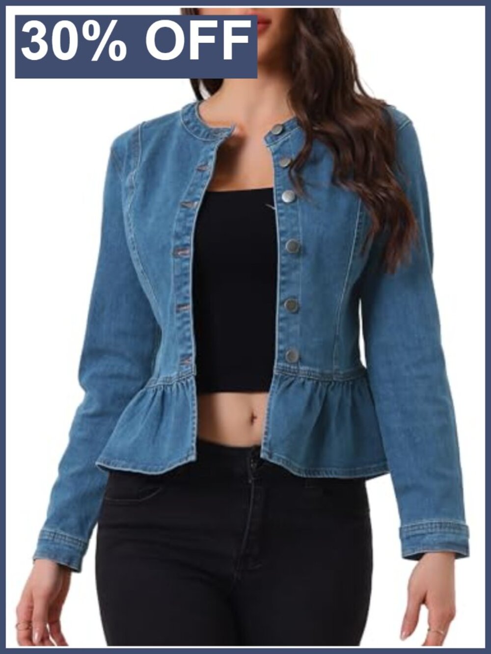 Women's Peplum Denim Jacket Collarless Ruffle Hem Puff Sleeve